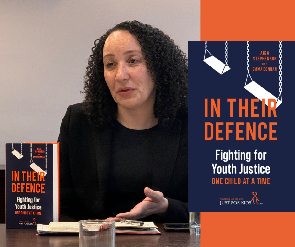 An image of JfKL co-founder and legal director Aika Stephenson at the book launch for 'In Their Defence: Fighting for Youth Justice One Child at a Time'