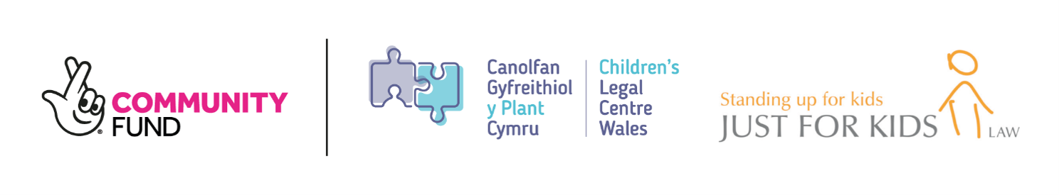 A series of logos for the National Lottery Community Fund; the Children's Legal Centre Wales; Just for Kids Law.