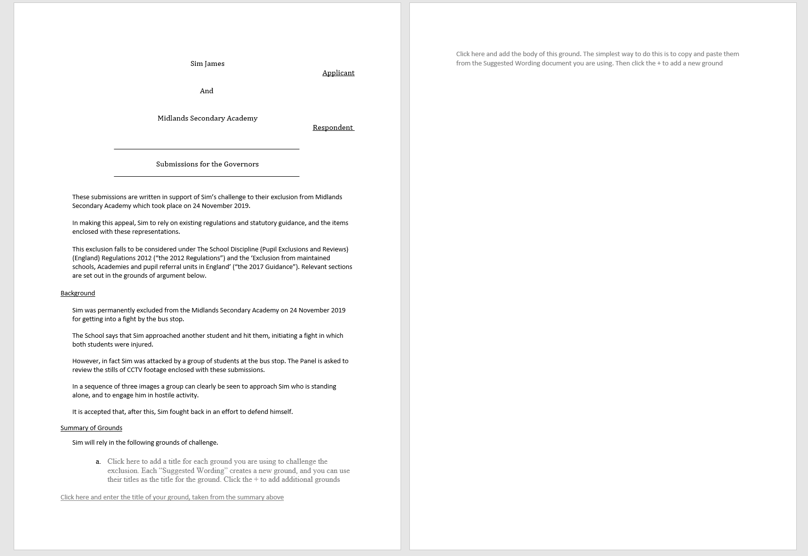 An example of a set of submissions with the preliminary information completed.
